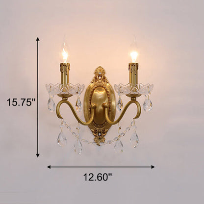 French Vintage Brass Crystal Candle Shade 1/2 Light Wall Sconce
