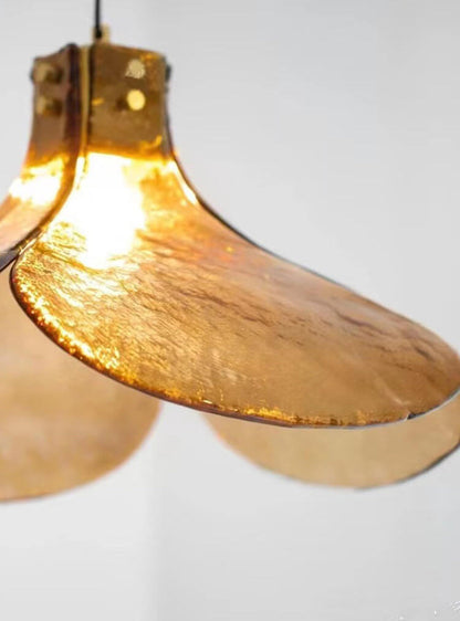 Vintage Amber Glass Floral Brass 1-Light Pendant Light