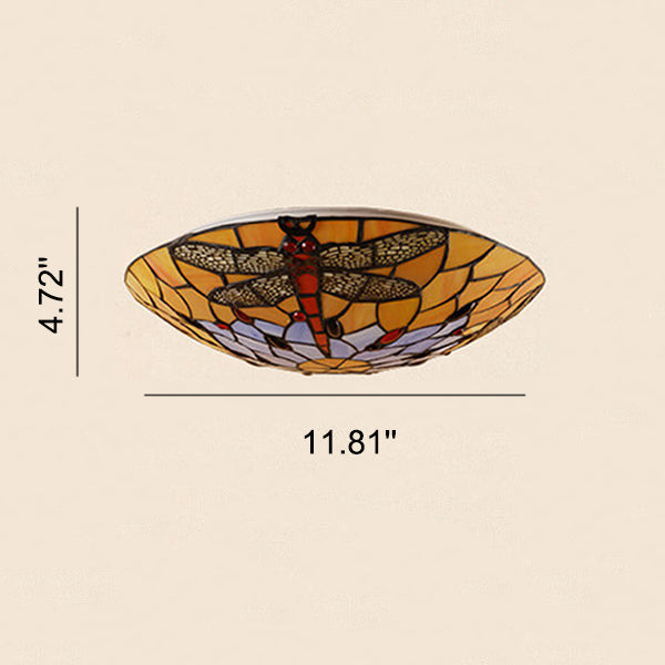 European Tiffany Orange Dragonfly Glass 2/3 Light Flush Mount Ceiling Light