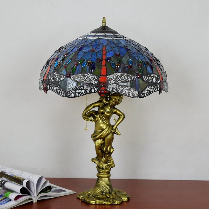 Tiffany Mediterranean Dragonfly Stained Glass 3-Light Zipper Table Lamp