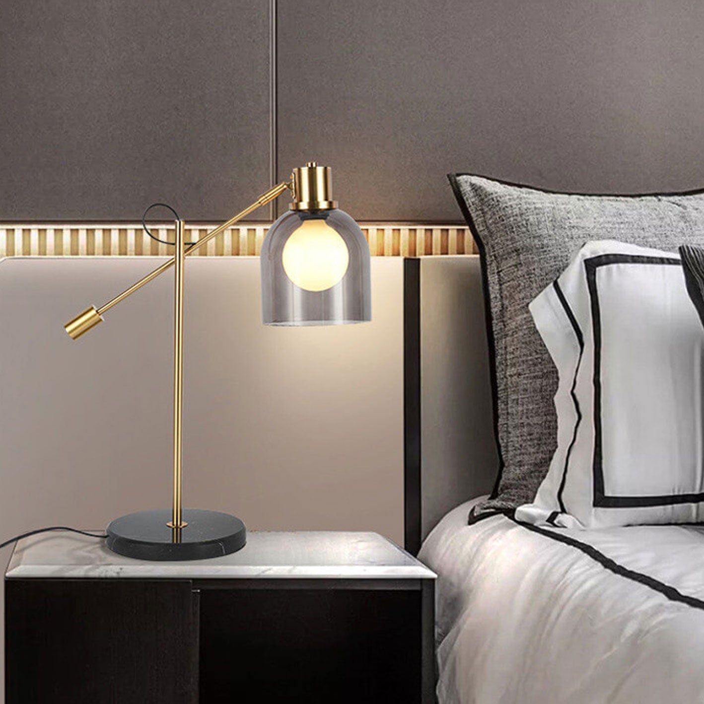 Postmodern Smoke Gray Glass Dome Metal  Arm 1-Light Table Lamp