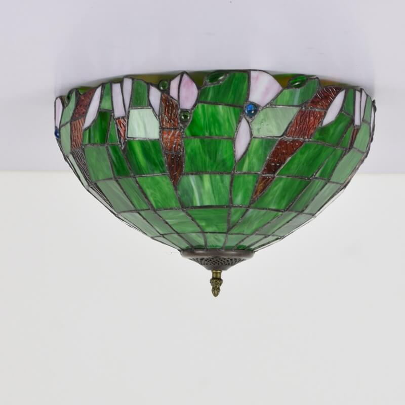 Tiffany Green Stained Glass Semi-Circular 3-Light Flush Mount Ceiling Light