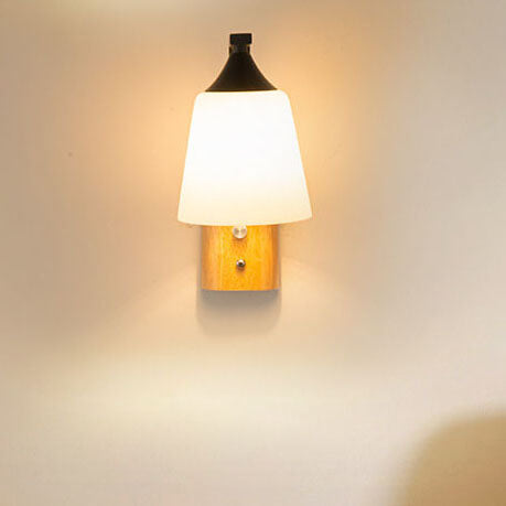 Modern Solid Wood Glass Bell Shade 1-Light Wall Sconce Lamp