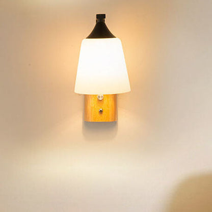 Modern Solid Wood Glass Bell Shade 1-Light Wall Sconce Lamp