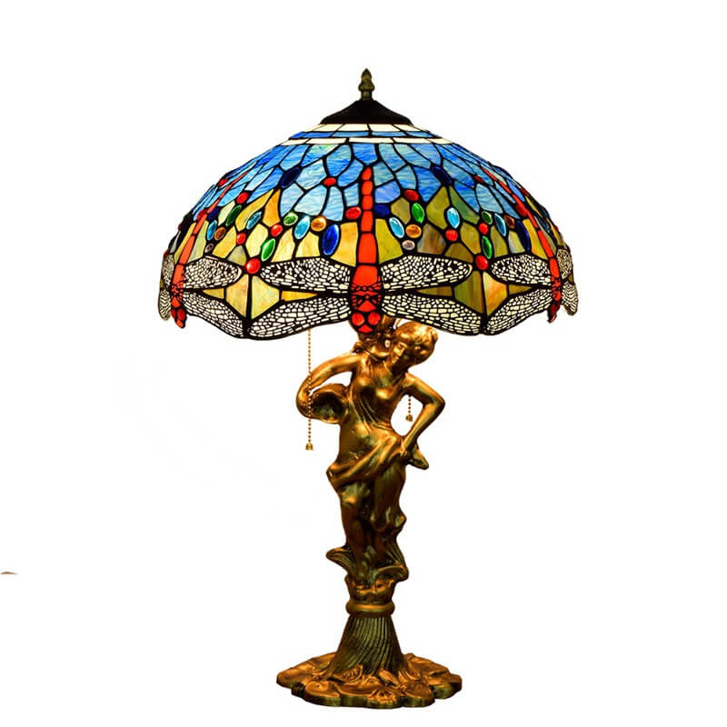 Tiffany Mediterranean Dragonfly Stained Glass 3-Light Zipper Table Lamp
