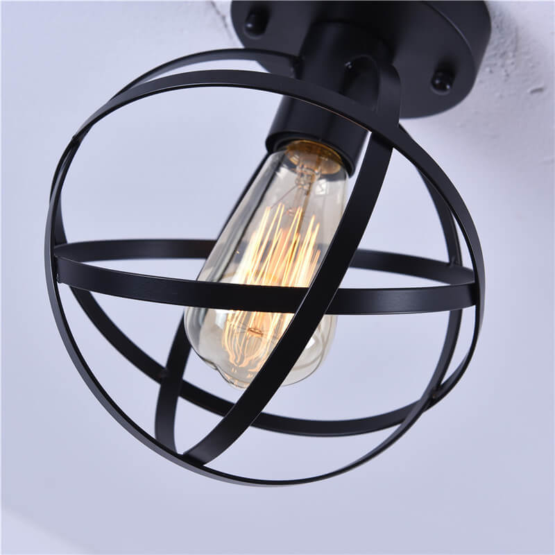 Vintage Wrought Iron Spherical  Cage 1-Light Semi-Flush Mount Ceiling Light