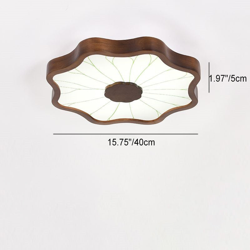 Traditional Chinese Lotus Leaf Wooden Iron Acrylic LED Flush Mount Ceiling Light For Living Room