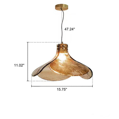 Vintage Amber Glass Floral Brass 1-Light Pendant Light