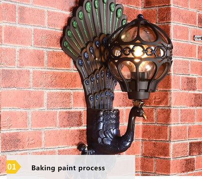 مصباح حائط خارجي مقاوم للماء بضوء واحد على شكل طاووس أوروبي عتيق 