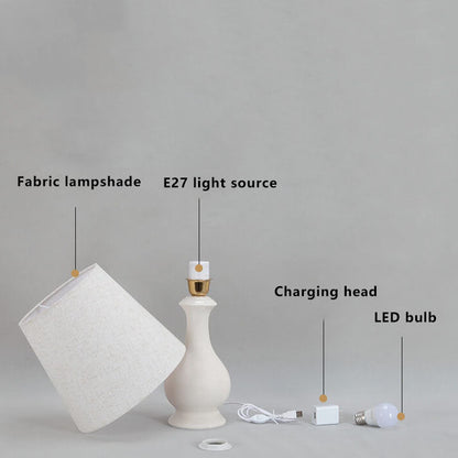 Modern Minimalist Fabric Shade White Ceramic 1-Light Table Lamp