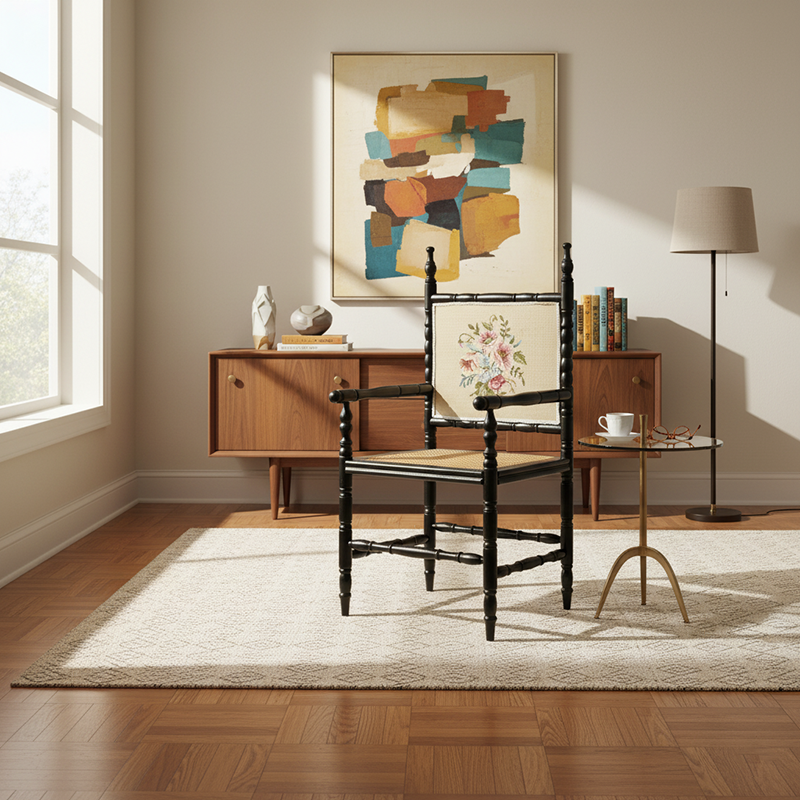 Traditional Vintage Solid Wood Rattan Square Dining Chair Backrest Armrest For Dining Room