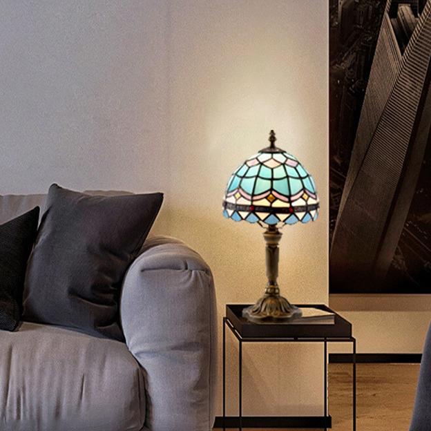 European Decorative Tiffany Stained Glass Tall Mushroom 1-Light LED Table Lamp