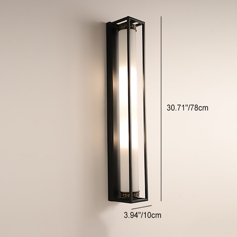 Traditional Chinese Iron Glass Rectangular Cylinder 2-Light Wall Sconce Lamp For Living Room