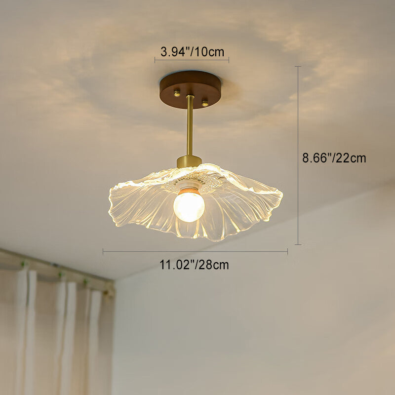 Contemporary Luxury Flower Copper Glass 1-Light Semi-Flush Mount Ceiling Light For Hallway