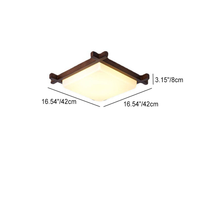 Traditional Chinese Square Wood Acrylic LED Flush Mount Ceiling Light For Bedroom