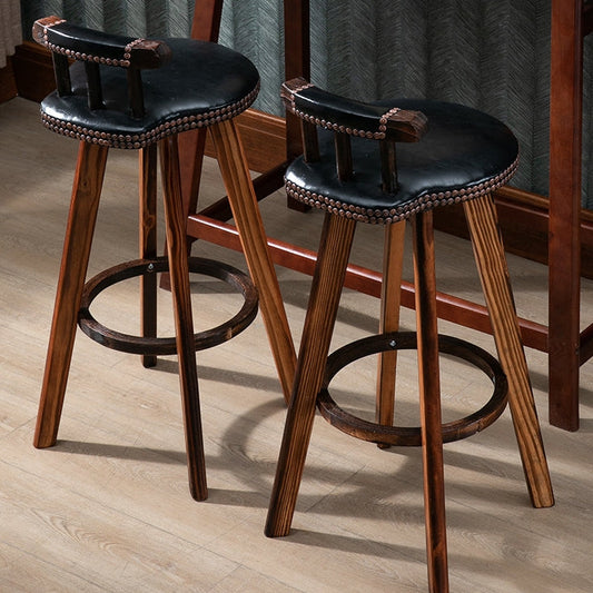 Contemporary Retro Round Faux Leather Wood Legs Swivel Bar Stool Low Back Footrest For Dining Room