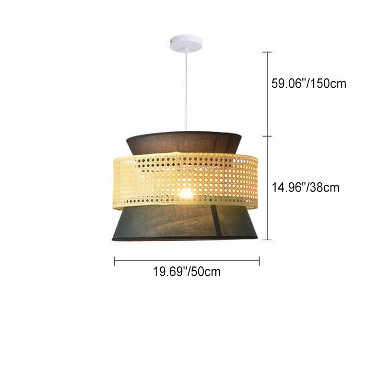 Traditional Japanese Rattan Weaving Fabric Round Shade 1-Light Pendant Light For Dining Room