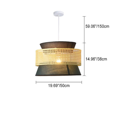 Traditional Japanese Rattan Weaving Fabric Round Shade 1-Light Pendant Light For Dining Room