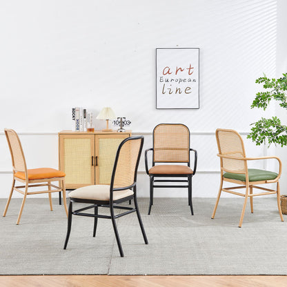 Traditional Vintage PE Imitation Rattan Nappa Leather Upholstered Dining Chair Backrest Armrest For Dining Room