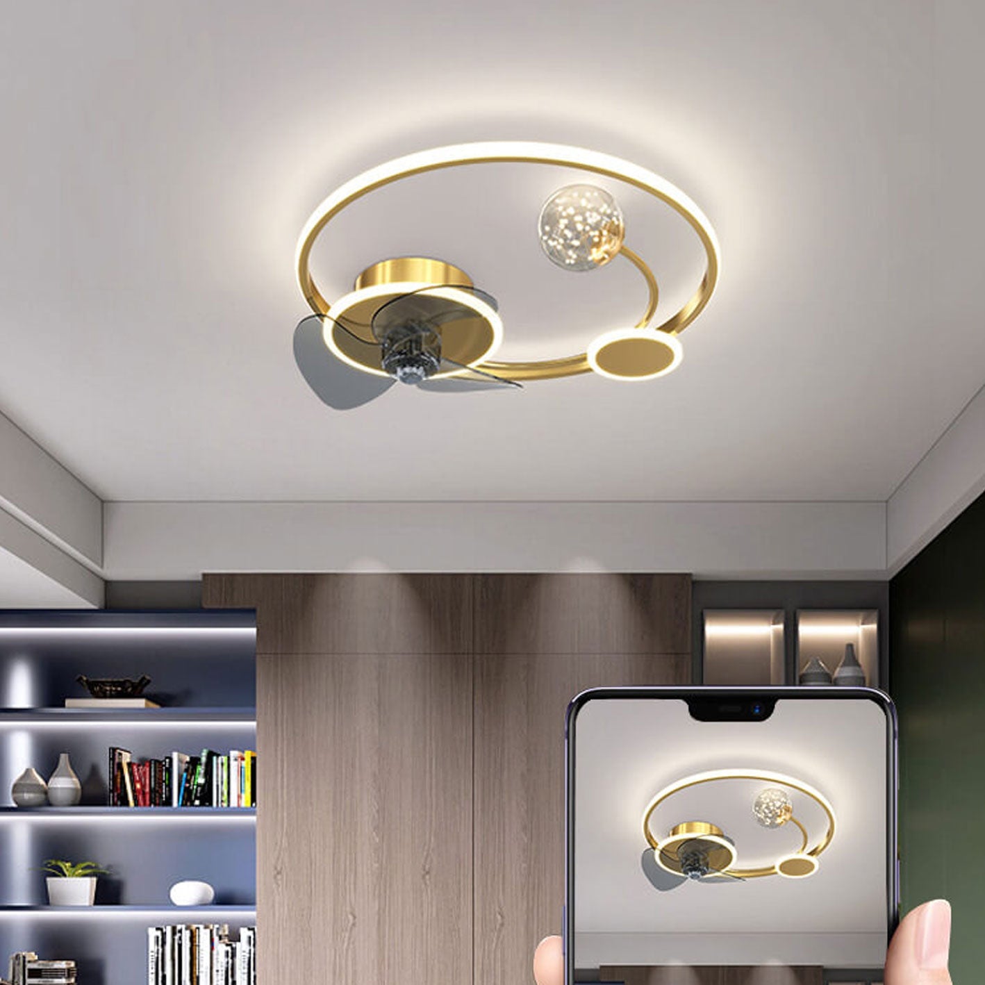 مروحة سقف LED بتصميم دائري إبداعي حديث مع مروحة سقف مثبتة على السطح 