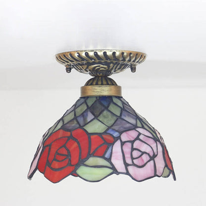 Vintage Tiffany Rose Stained Glass 1-Light Bowl Semi-Flush Mount Ceiling Light