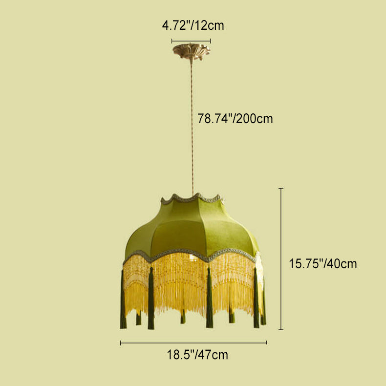 French Vintage Fabric Tassel Lampshade Brass 1-Light Pendant Light
