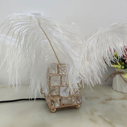 Creative Crystal Cube Ostrich Feather 1-Light Decorative Table Lamp