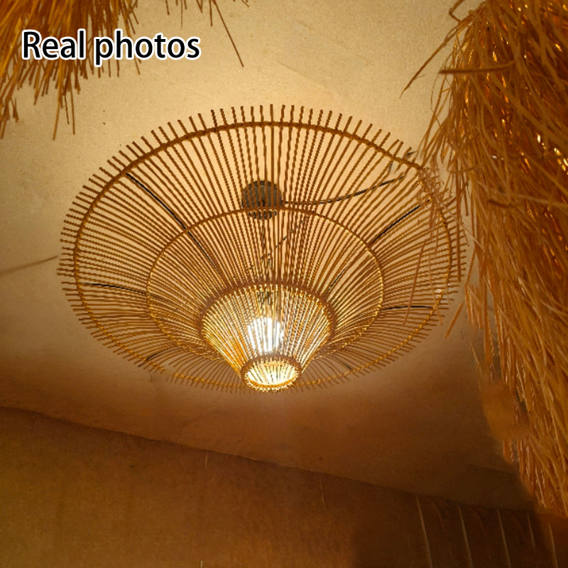 Traditional Japanese Rattan Weaving Hat 1-Light Semi-Flush Mount Ceiling Light For Living Room