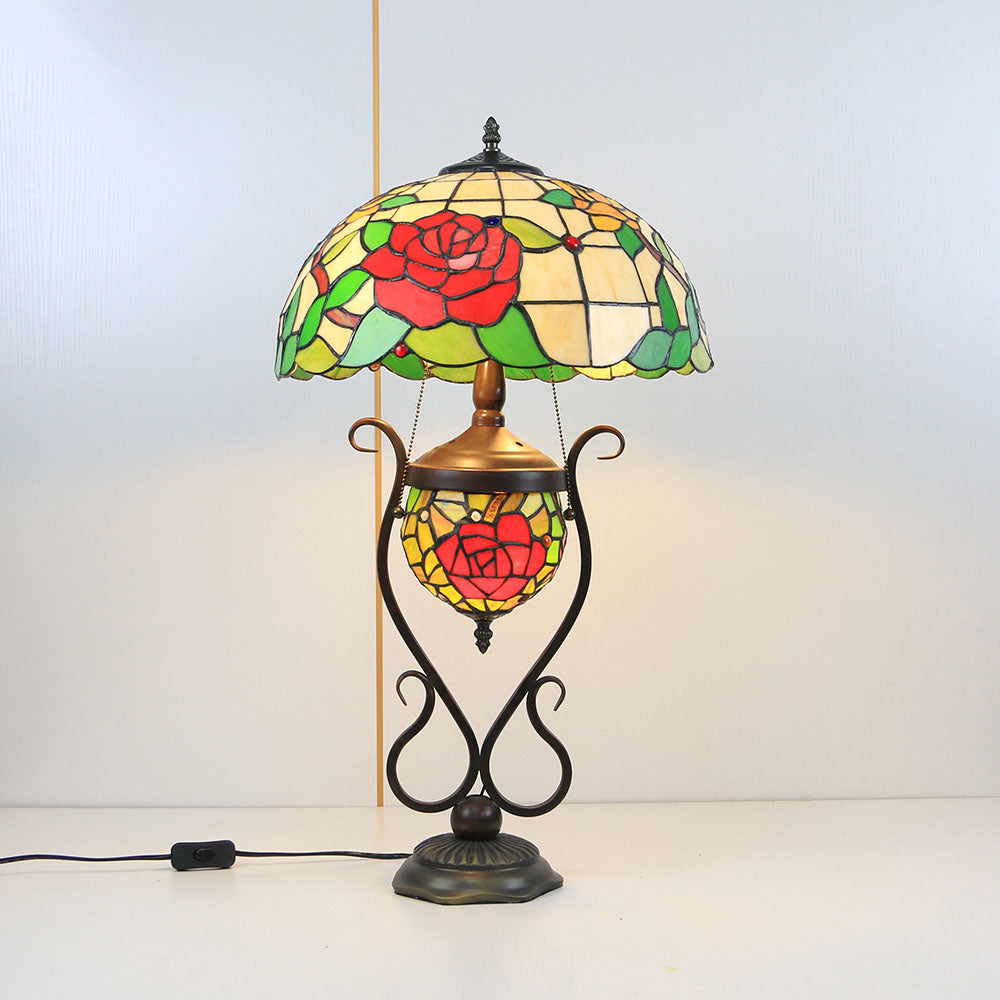Tiffany European Vintage Floral Stained Glass Round Pot 3-Light Table Lamp