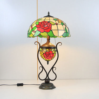 Tiffany European Vintage Floral Stained Glass Round Pot 3-Light Table Lamp