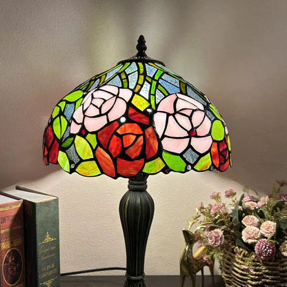Traditional Tiffany Metal Glass Dome Grape Flower Dragonfly Butterfly 1-Light Table Lamp For Bedside