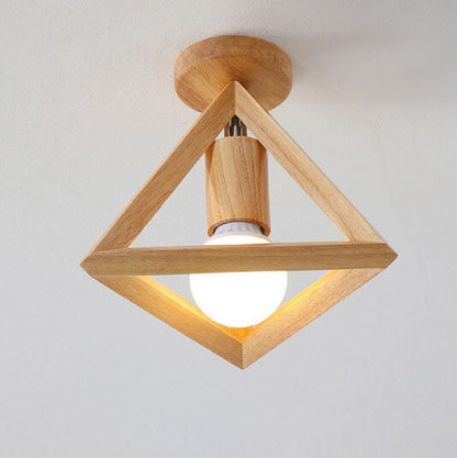 Japanese Minimalist Log Hollow Geometric Cube 1-Light Semi-Flush Mount Ceiling Light