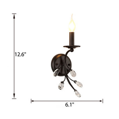 European Rustic Vintage Wrought Iron Crystal 1-Light Wall Sconce Lamp