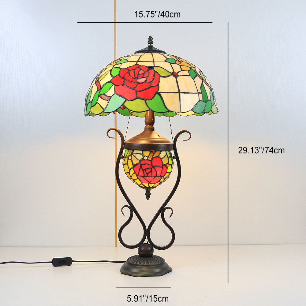 Tiffany European Vintage Floral Stained Glass Round Pot 3-Light Table Lamp