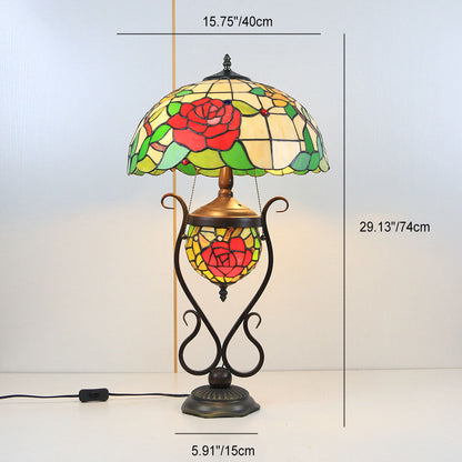 Tiffany European Vintage Floral Stained Glass Round Pot 3-Light Table Lamp