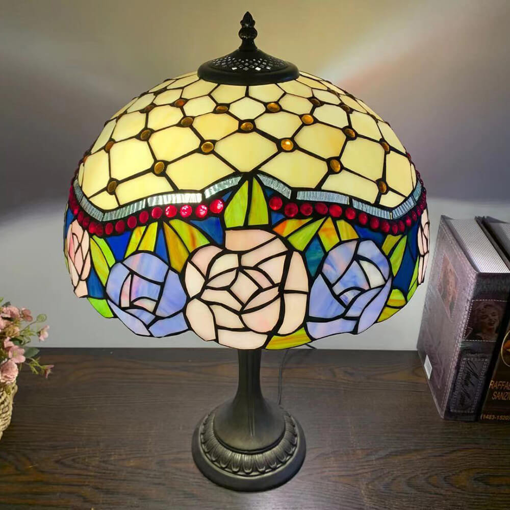 European Tiffany Flowers Stained Glass 2-Light Table Lamp
