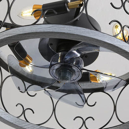 Industrial Minimalist Copper Iron Round Square 4-Light Semi-Flush Mount Ceiling Fan Light