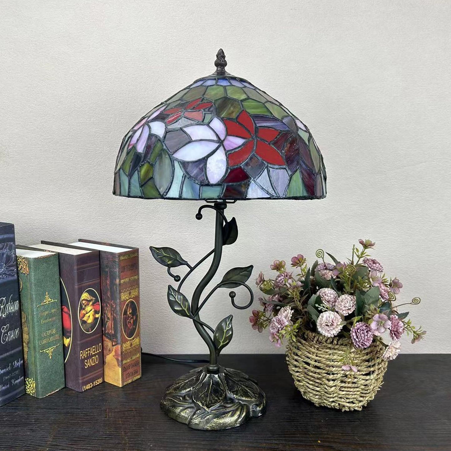 Traditional Tiffany Resin Glass Dome Conic Flower Leaf 1-Light Table Lamp For Bedside