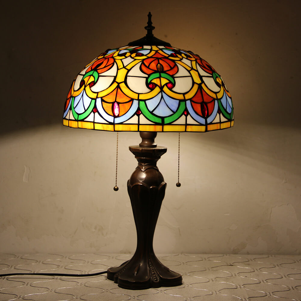 Tiffany European Retro Flowers Stained Glass Pull Cord 1-Light Table Lamp