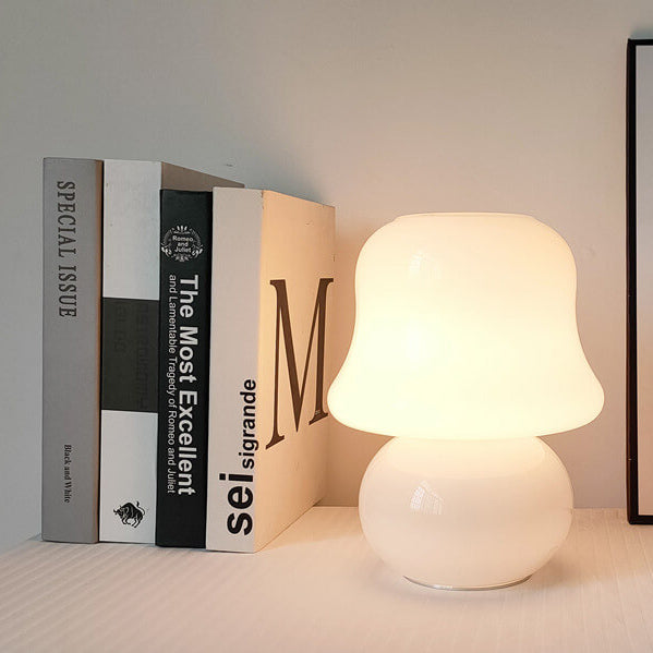 French Cream Handmade Glass Mushroom 1-Light Table Lamp