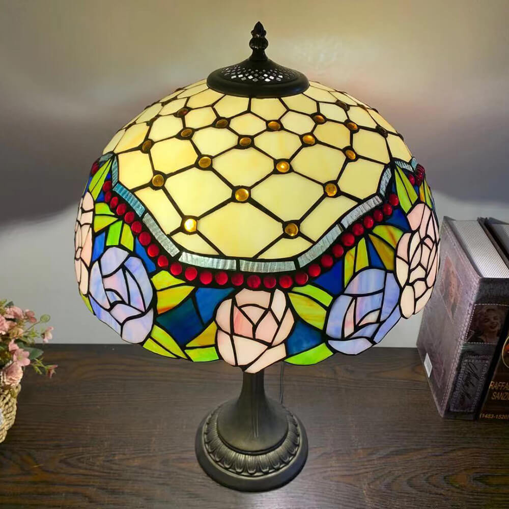 European Tiffany Flowers Stained Glass 2-Light Table Lamp