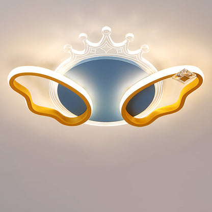 Modern Art Deco Butterfly Crown Round Acrylic Iron LED Flush Mount Ceiling Light For Bedroom