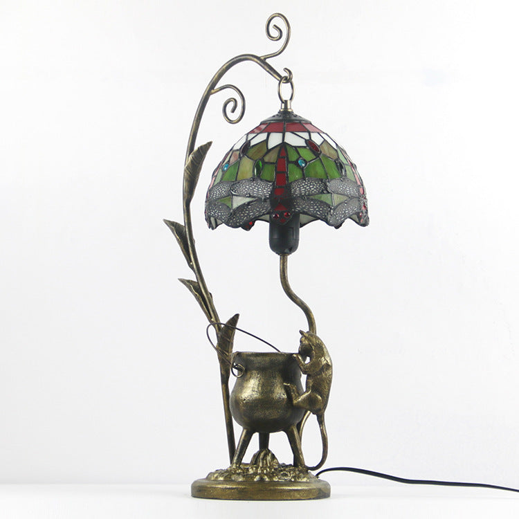 Vintage Tiffany Dome Stained Glass Mouse Base 1-Light Table Lamp