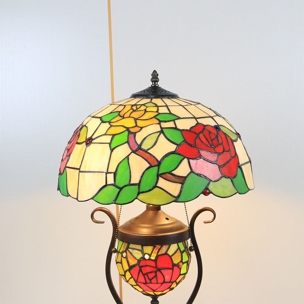 Tiffany European Vintage Floral Stained Glass Round Pot 3-Light Table Lamp