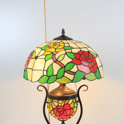 Tiffany European Vintage Floral Stained Glass Round Pot 3-Light Table Lamp