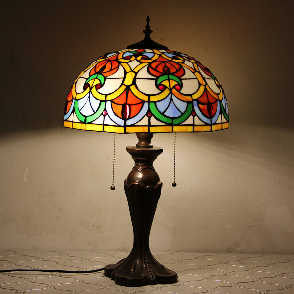 Tiffany European Retro Flowers Stained Glass Pull Cord 1-Light Table Lamp