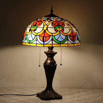 Tiffany European Retro Flowers Stained Glass Pull Cord 1-Light Table Lamp