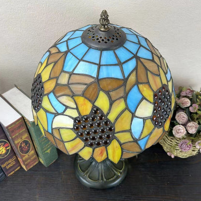 Traditional Tiffany Metal Glass Dome Grape Flower Dragonfly Butterfly 1-Light Table Lamp For Bedside