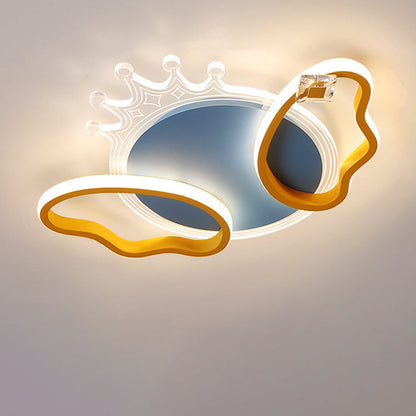 Modern Art Deco Butterfly Crown Round Acrylic Iron LED Flush Mount Ceiling Light For Bedroom