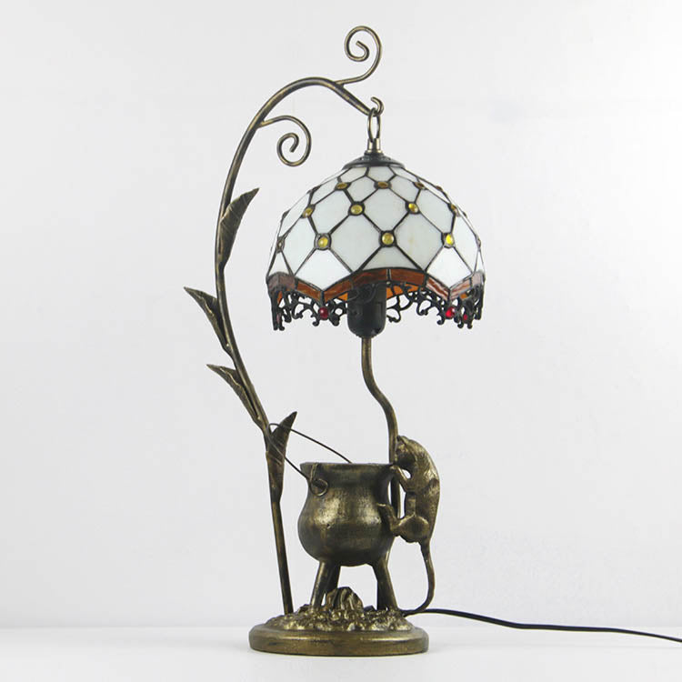 Traditional Tiffany Mouse Flower Resin Stained Glass 1-Light Table Lamp For Bedroom